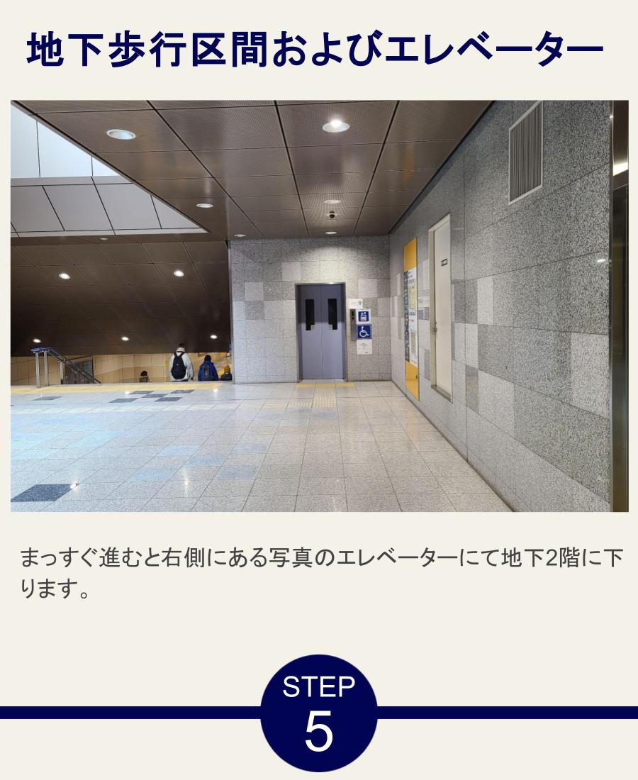 地下歩行区間およびエレベーター まっすぐ進むと右側にある写真のエレベーターにて地下2階に下ります。