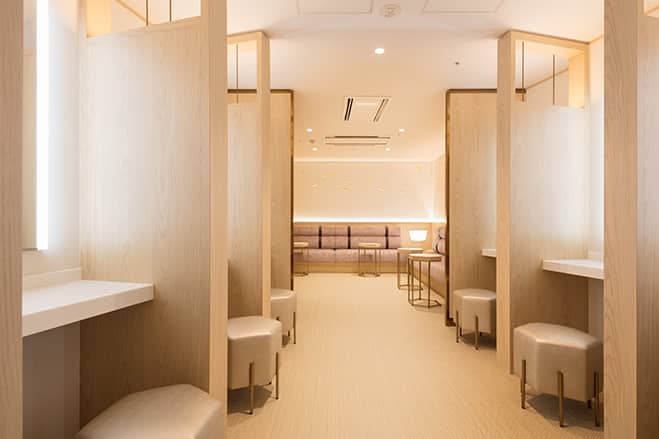 8 individual dressing tables are always stocked with skincare items.